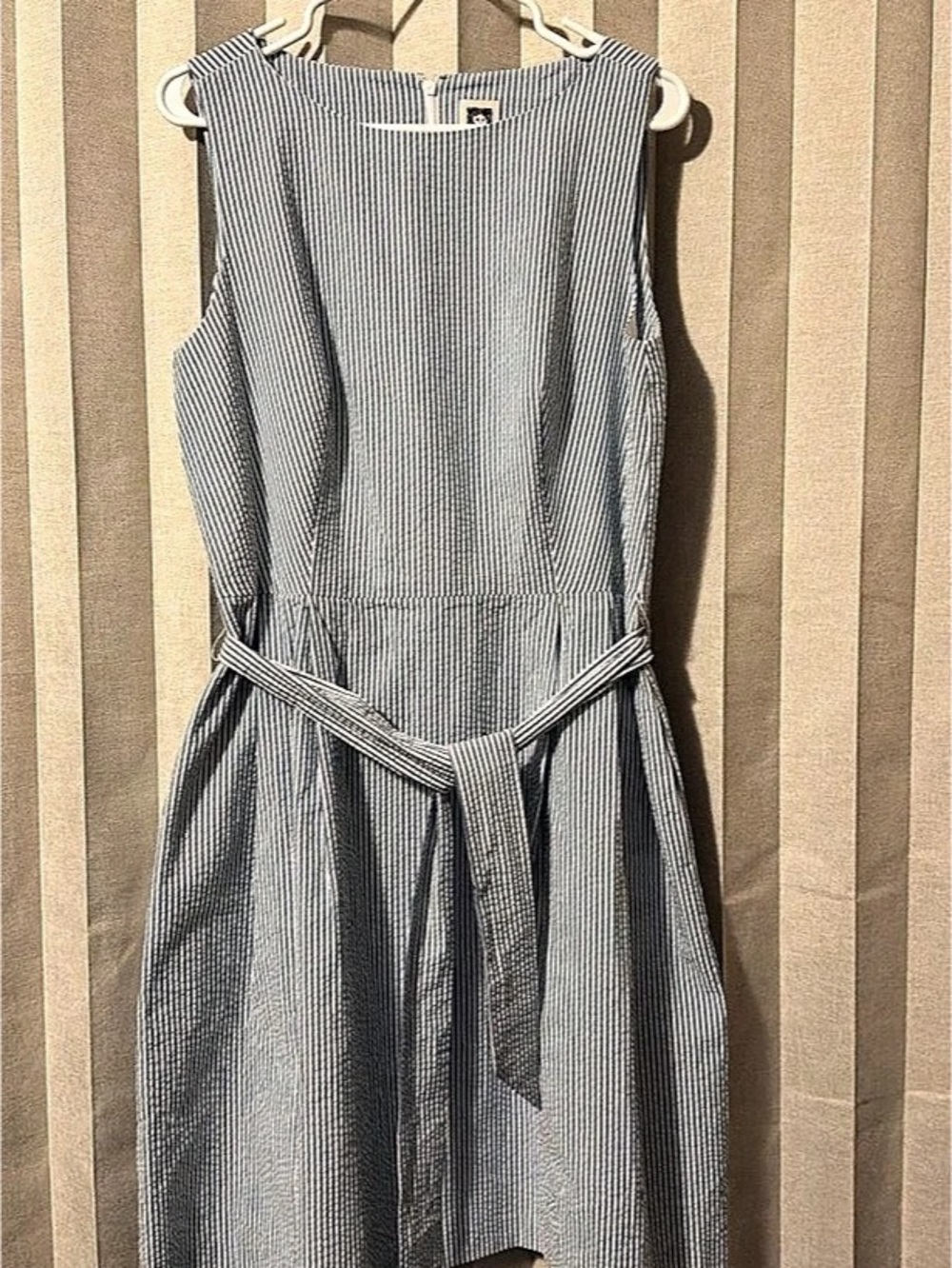 Anne Klein Blue and White Striped Seersucker Belted Dress Blue & White Striped